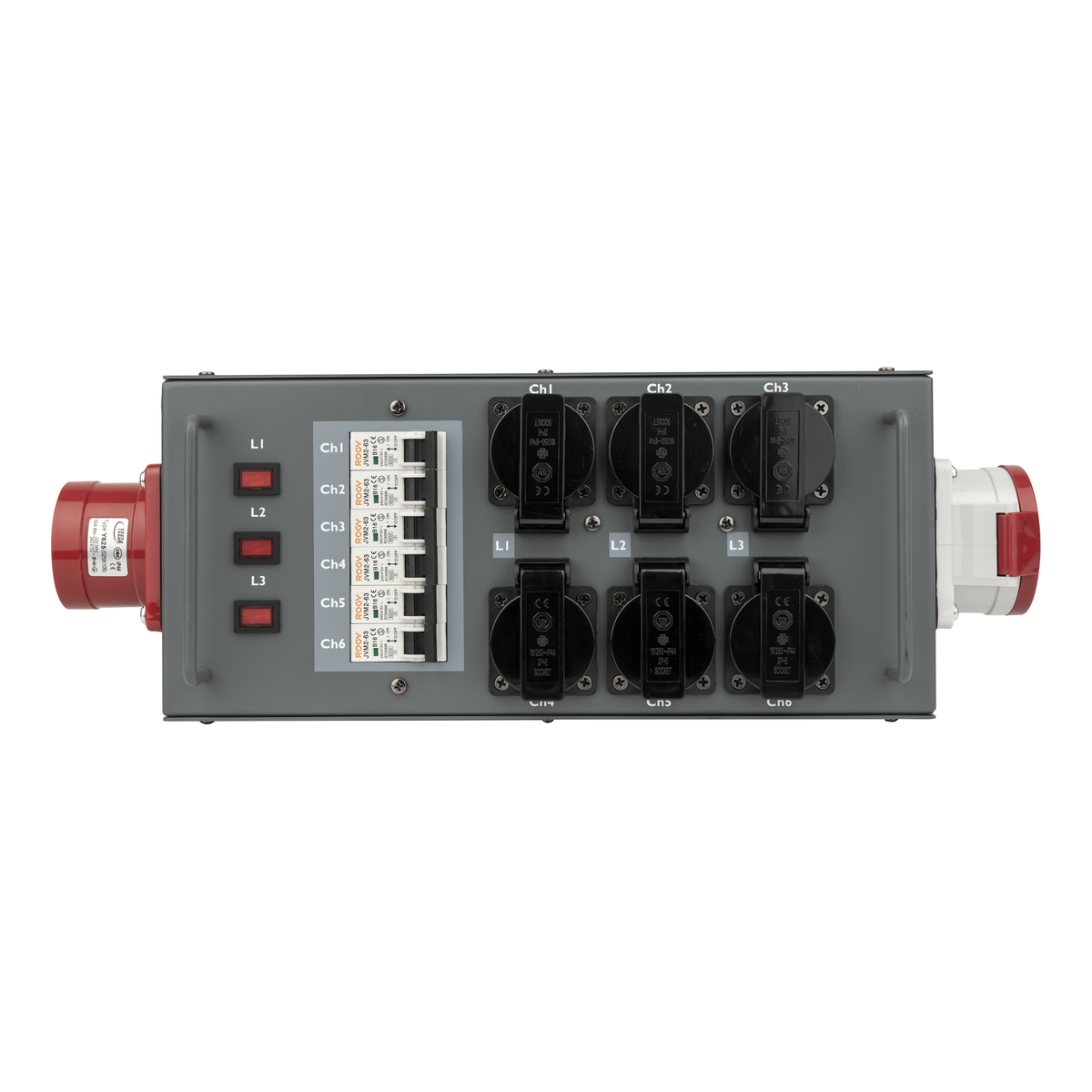 Showgear Powersplit 32 krachtstroomverdeler CEE 32A naar 6x Schuko en CEE 32A uitgang Showgear Powersplit 32 krachtstroomverdeler CEE 32A naar 6x Schuko en CEE 32A uitgang