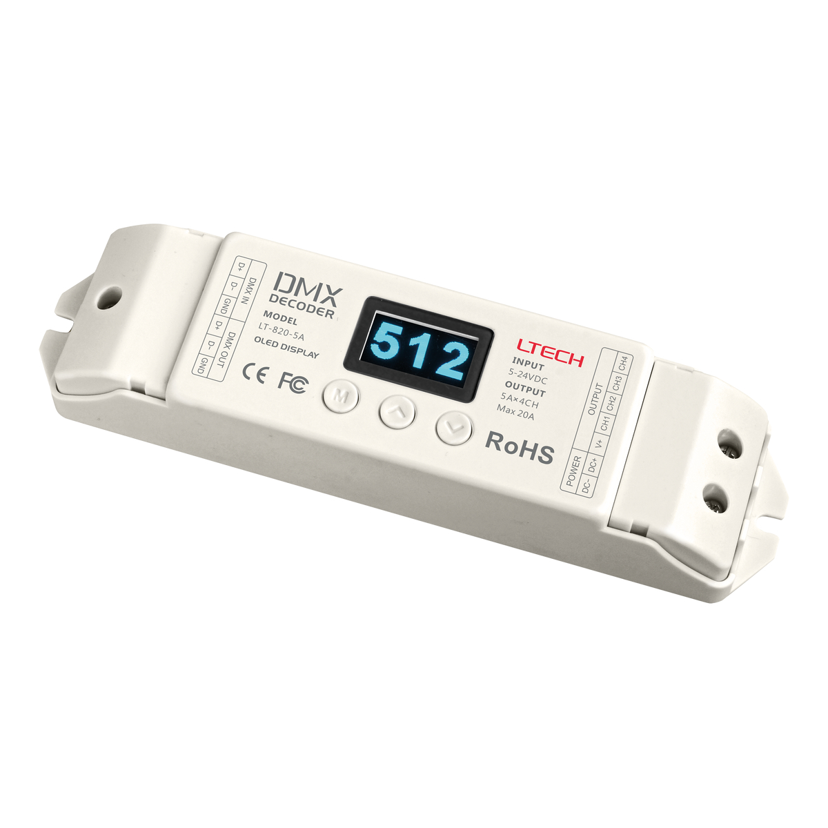 Ltech DMX LED-driver – 4 kanalen × 5 A, OLED-display Ltech DMX LED-driver – 4 kanalen × 5 A, OLED-display