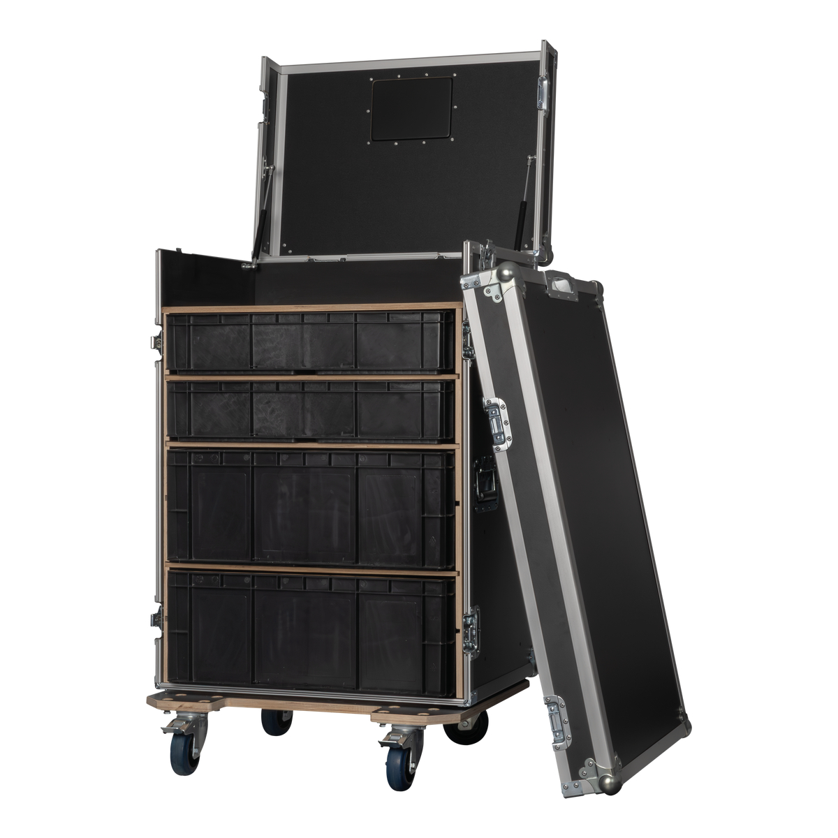 Showgear Storage Case 2 flightcase met 4 kratten en 2 werkbladen, zwart Showgear Storage Case 2 flightcase met 4 kratten en 2 werkbladen, zwart