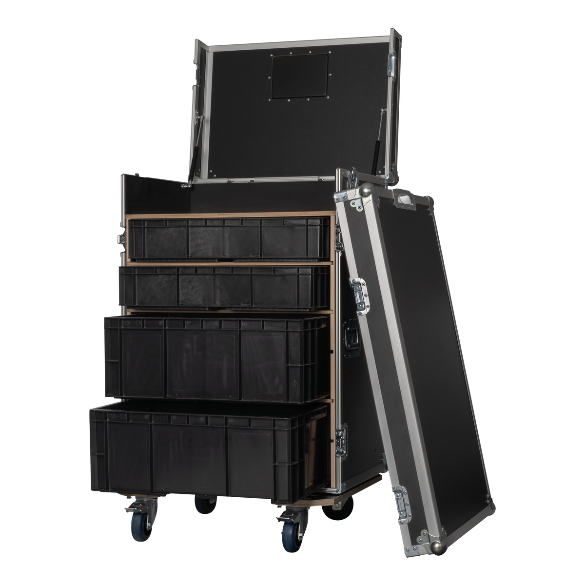 Showgear Storage Case 2 flightcase met 4 kratten en 2 werkbladen, zwart Showgear Storage Case 2 flightcase met 4 kratten en 2 werkbladen, zwart