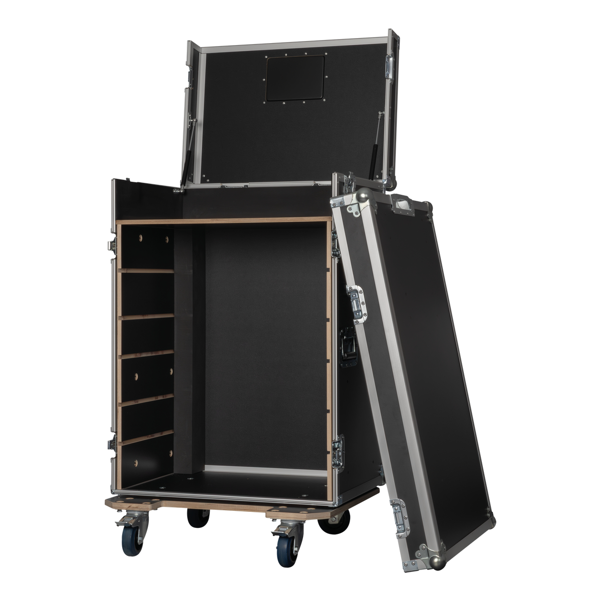 Showgear Storage Case 2 flightcase met 4 kratten en 2 werkbladen, zwart Showgear Storage Case 2 flightcase met 4 kratten en 2 werkbladen, zwart