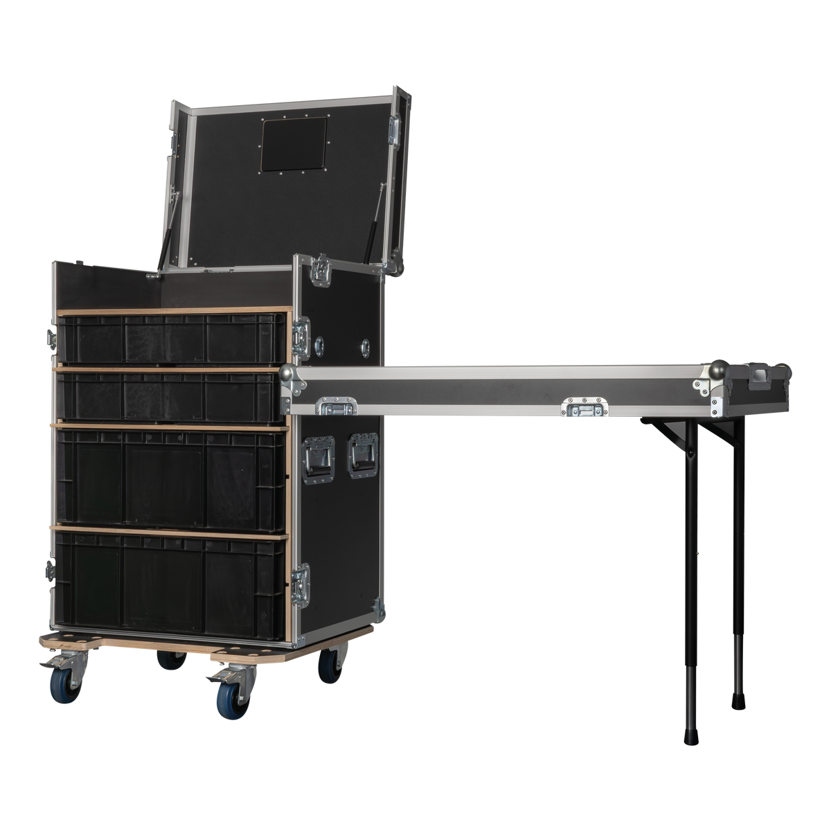 Showgear Storage Case 2 flightcase met 4 kratten en 2 werkbladen, zwart Showgear Storage Case 2 flightcase met 4 kratten en 2 werkbladen, zwart