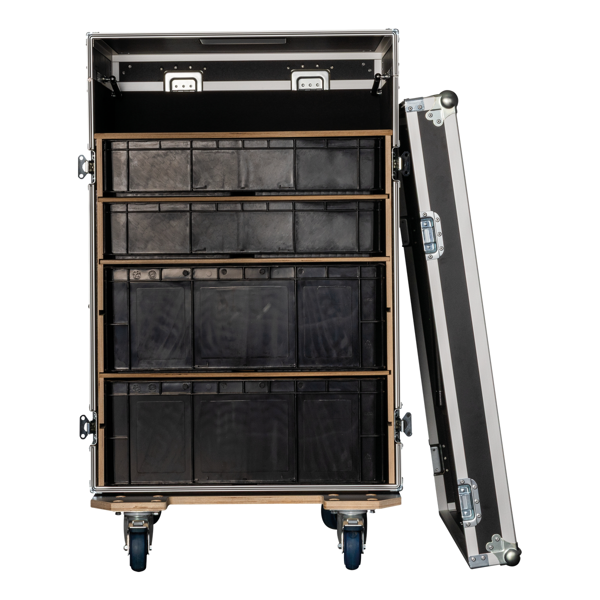Showgear Storage Case 2 flightcase met 4 kratten en 2 werkbladen, zwart Showgear Storage Case 2 flightcase met 4 kratten en 2 werkbladen, zwart