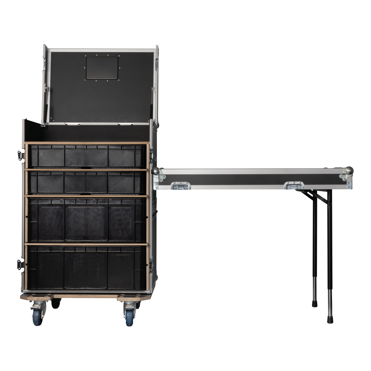 Showgear Storage Case 2 flightcase met 4 kratten en 2 werkbladen, zwart Showgear Storage Case 2 flightcase met 4 kratten en 2 werkbladen, zwart